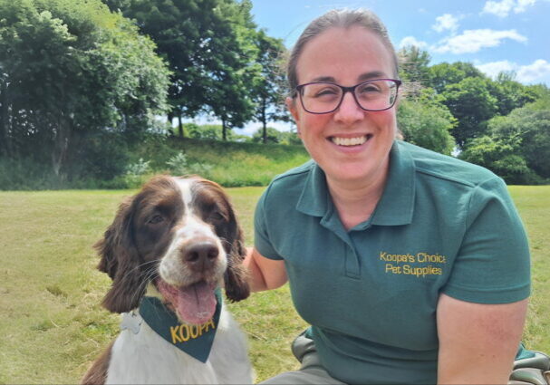 Rachel Jackson and Koopa of Koopa's Choice Pet Supplies, Stevenage in a field